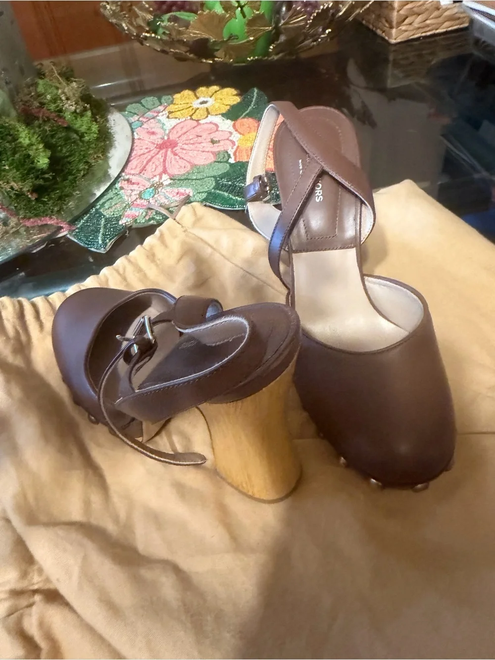 Michael Kors Brown Leather Crisscross Strap Block Heel Pumps